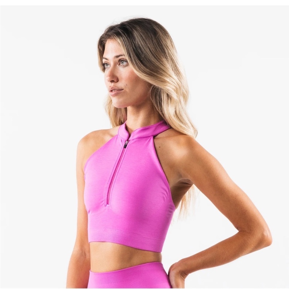 Alphalete Hot Pink Zip-Front Halter Crop Top